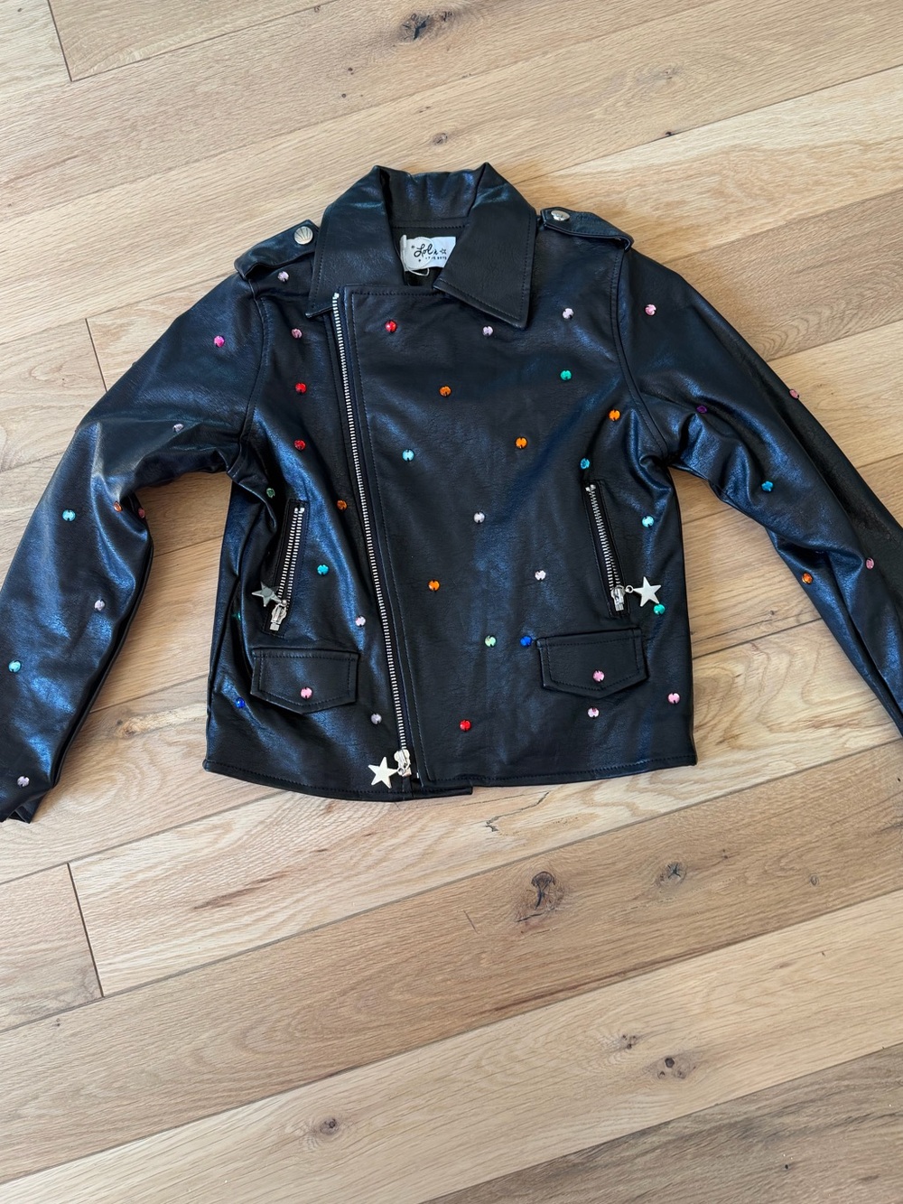Lola + The Boys Black Faux Leather Jacket with Leopard Print Lining
